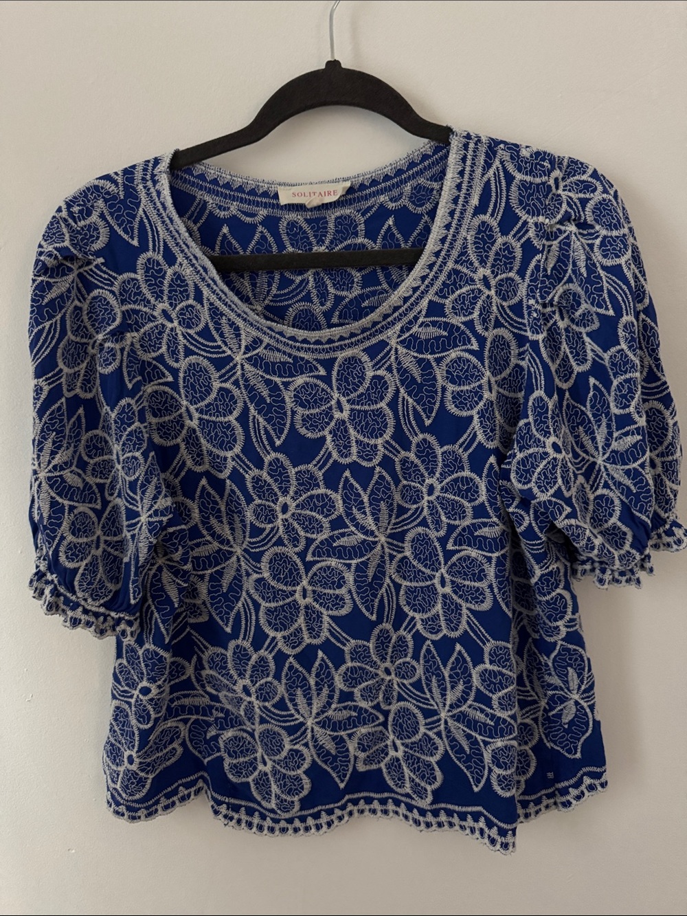 Solitaire Royal Blue Floral Embroidered Puff-Sleeve Blouse